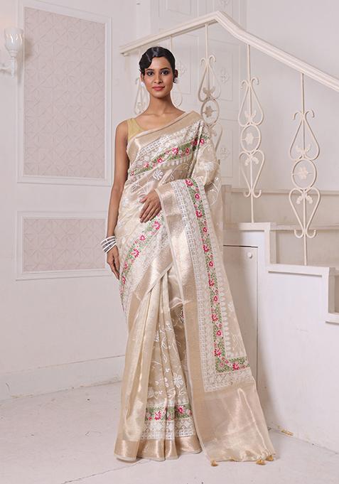 Beige Embroidered Tissue Saree Set