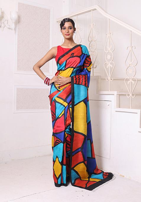 Multi Abstract Print Silk Saree Set
