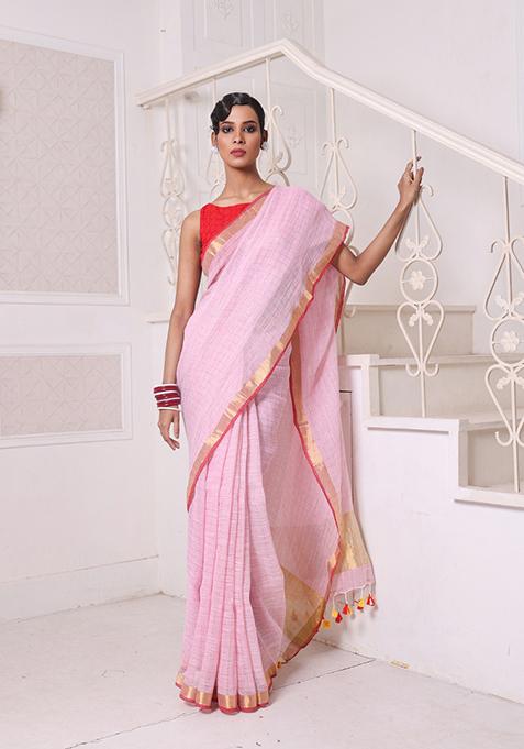 Pink Checked Linen Saree Set