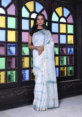 White Embroidered Silk Saree Set