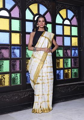 White Embroidered Silk Saree Set