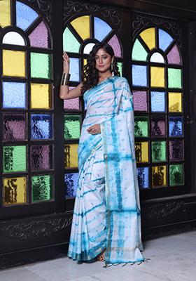 White Embroidered Silk Saree Set