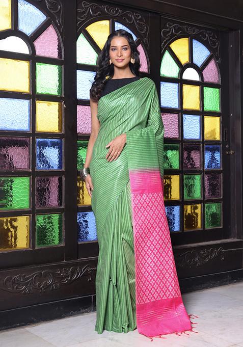 Green Striped Silk Saree Set