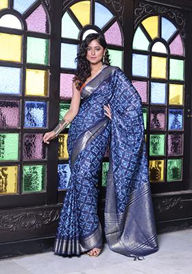 Navy Blue Printed Silk Saree Set
