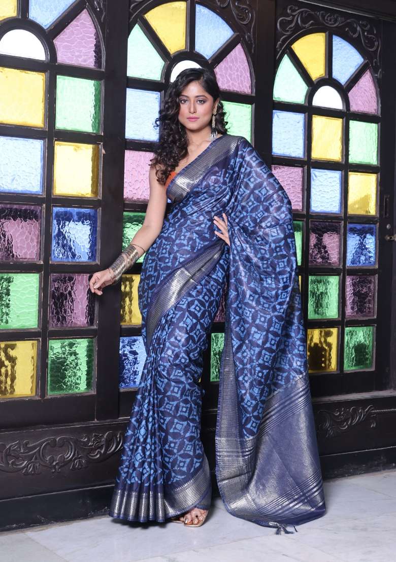 Navy Blue Silk Blend Saree Set with Printed for Diwali | Wedding & Festive Wear - Indya