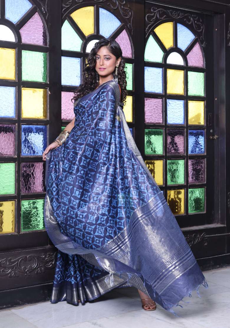 Navy Blue Silk Blend Saree Set with Printed for Diwali | Wedding & Festive Wear - Indya