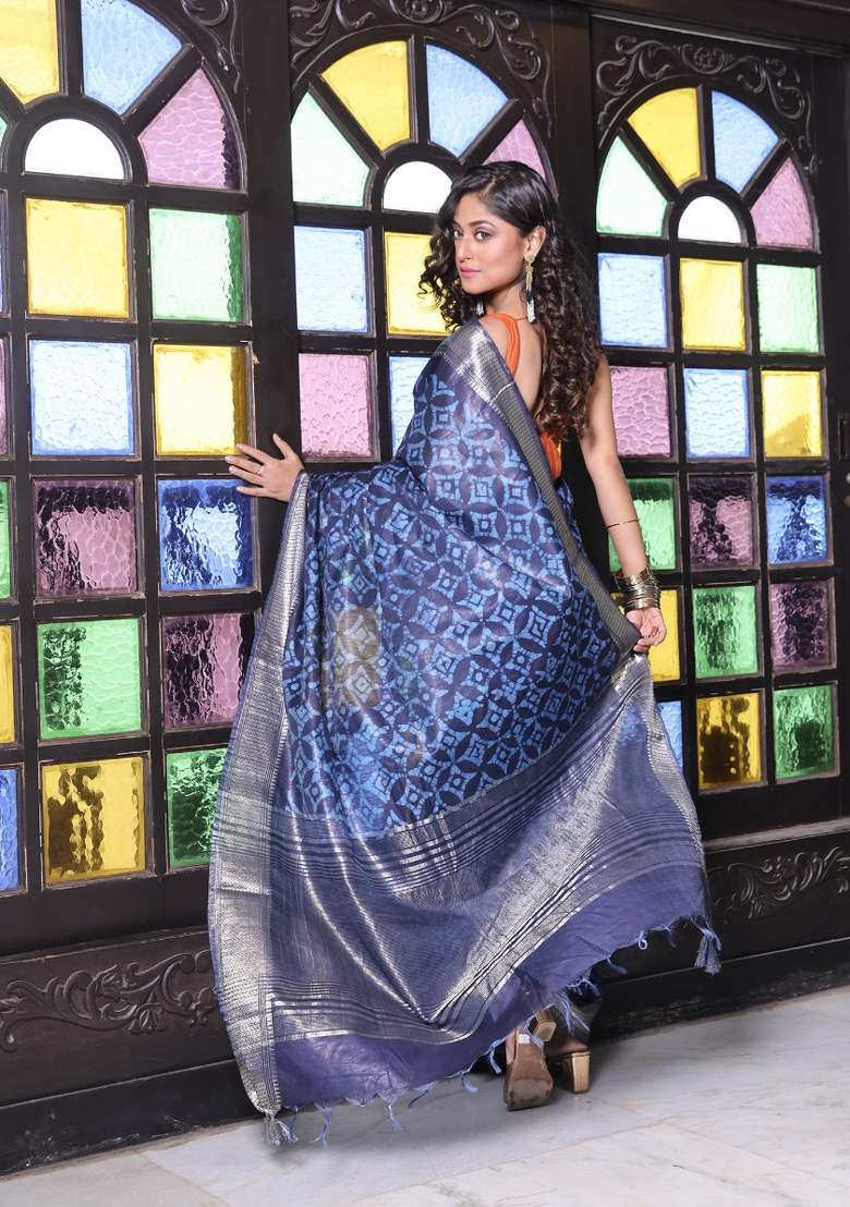 Navy Blue Silk Blend Saree Set with Printed for Diwali | Wedding & Festive Wear - Indya