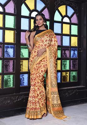 Yellow Printed Silk Saree Set