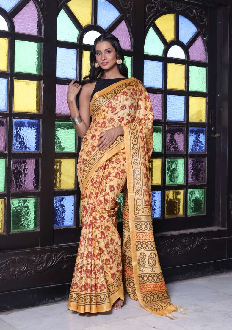 Yellow Printed Silk Blend Saree Set for Diwali and Festive Wear - Indya