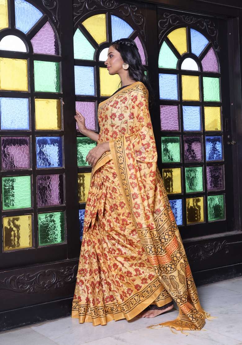 Yellow Printed Silk Blend Saree Set for Diwali and Festive Wear - Indya