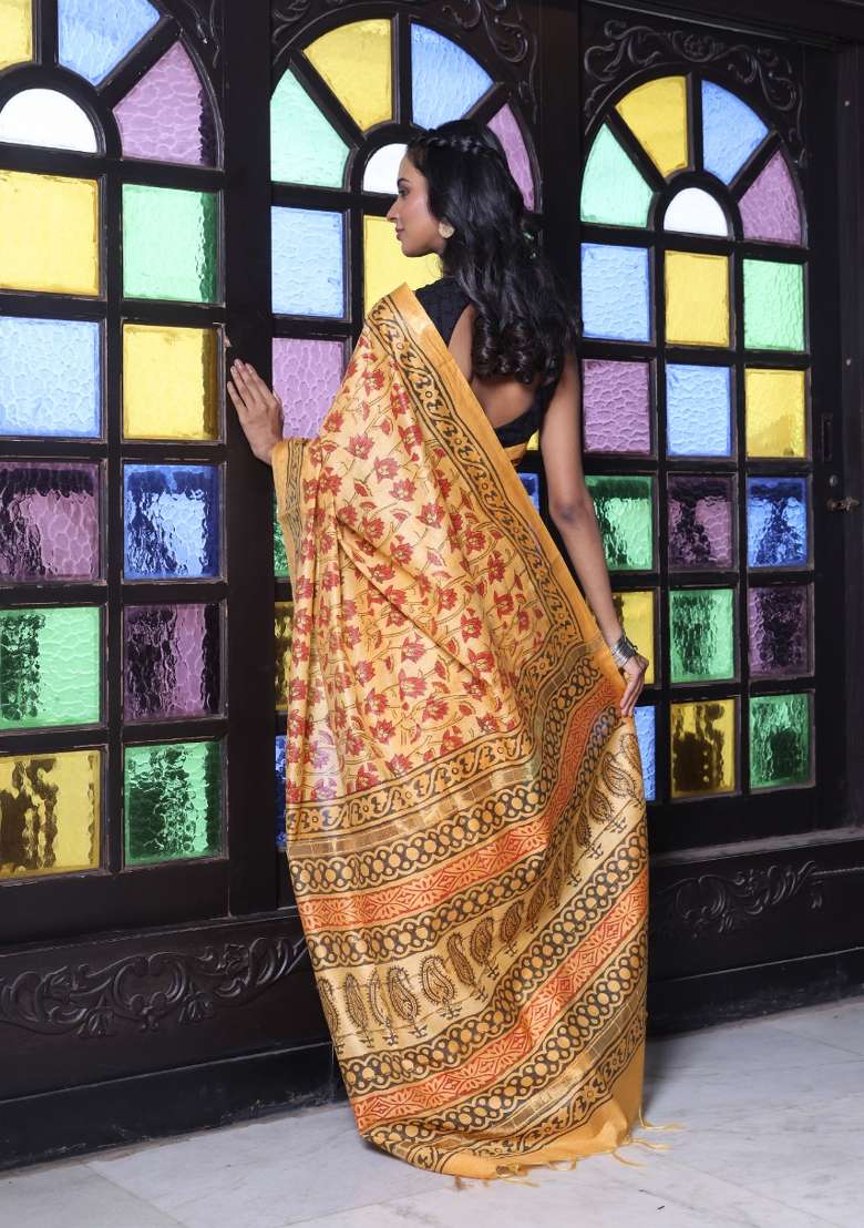 Yellow Printed Silk Blend Saree Set for Diwali and Festive Wear - Indya