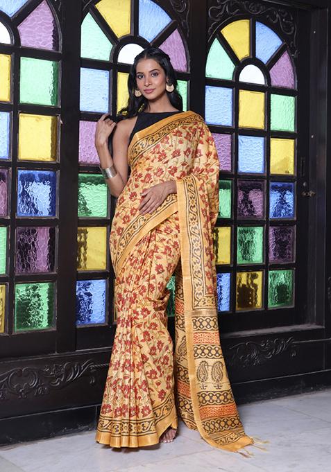 Yellow Printed Silk Saree Set