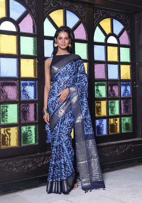 Navy Blue Printed Silk Saree Set