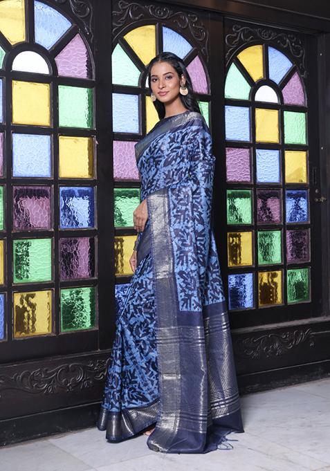 Women's Satin Silk Navy Blue Printed Designer Saree With Blouse Piece