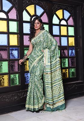 Green Printed Silk Saree Set