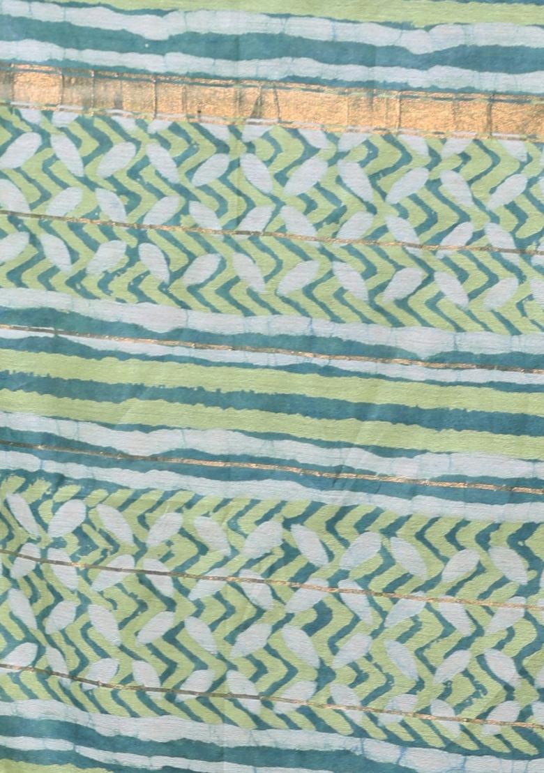 Green Printed Silk Saree Set - Indya