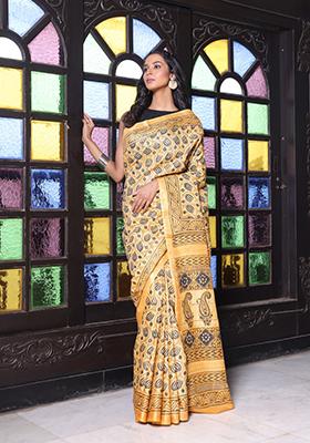 Yellow Printed Silk Saree Set