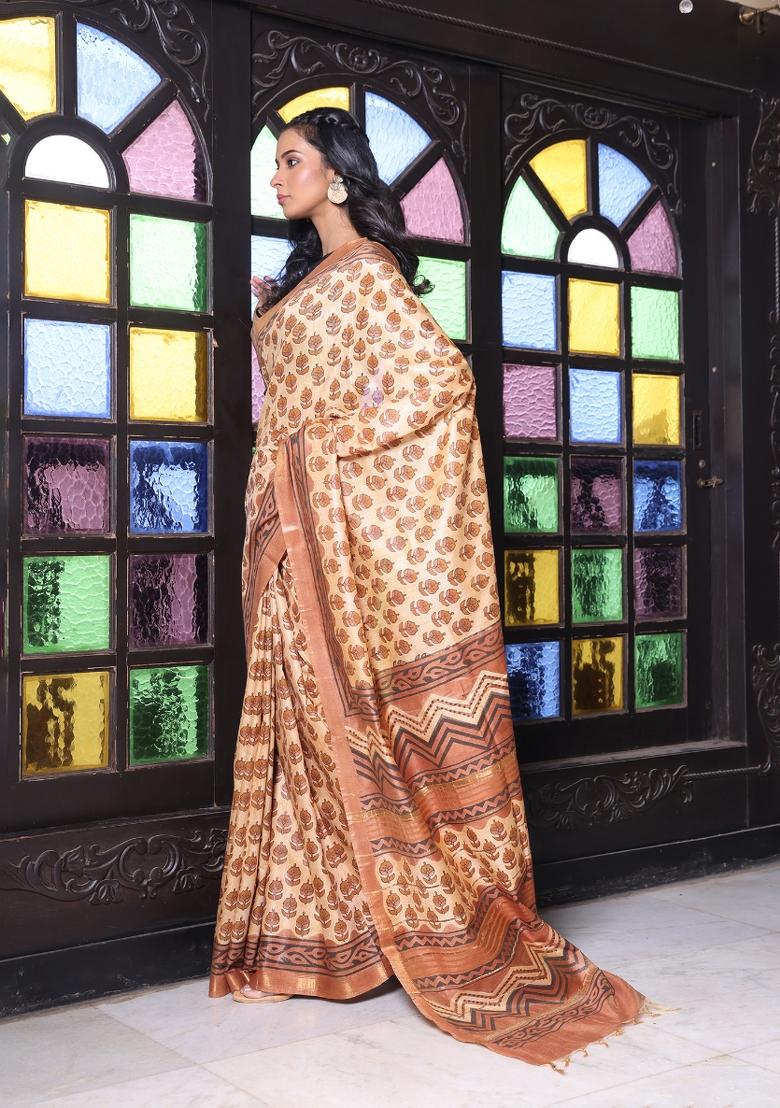 Beige Printed Silk Saree Set - Indya