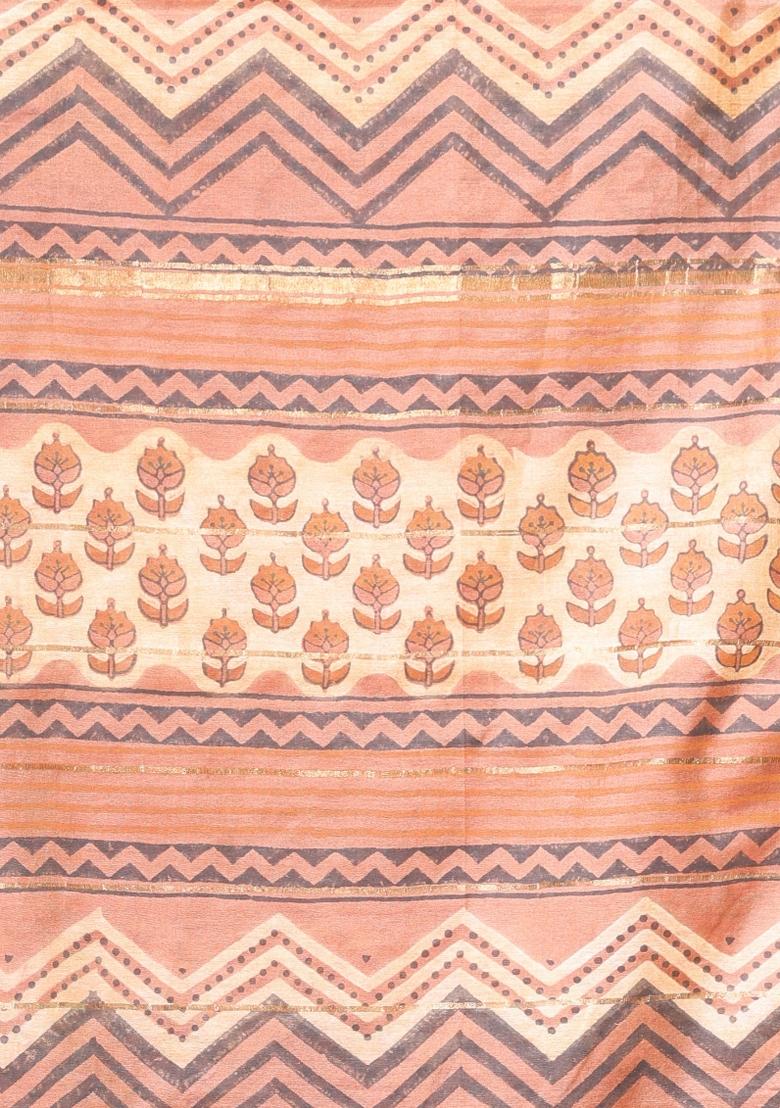 Beige Printed Silk Saree Set - Indya