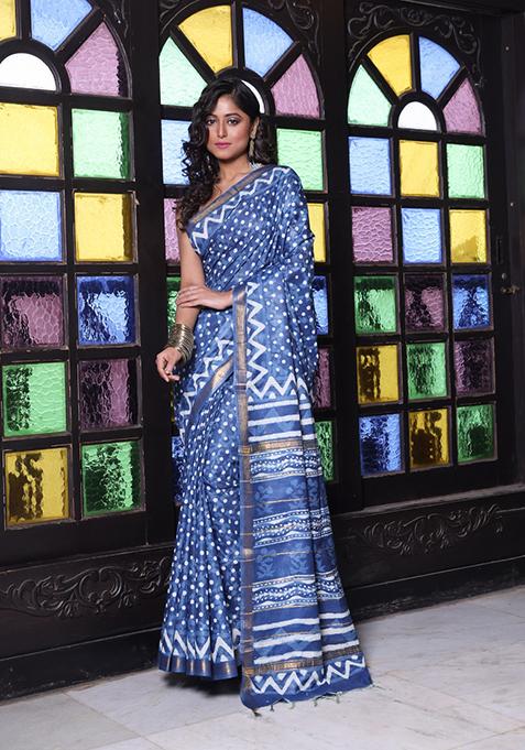 Blue Printed Silk Saree Set