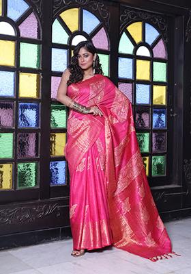 Fuchsia Pink Printed Silk Saree Set