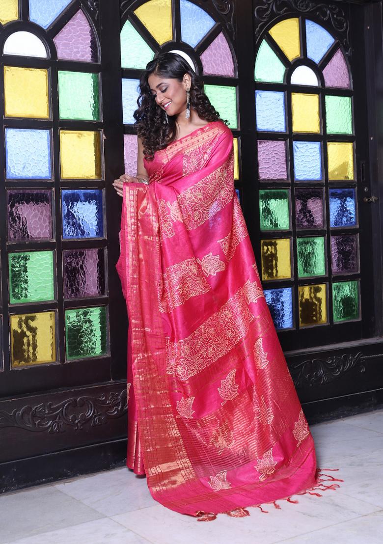 Fuchsia Pink Printed Silk Saree Set - Indya