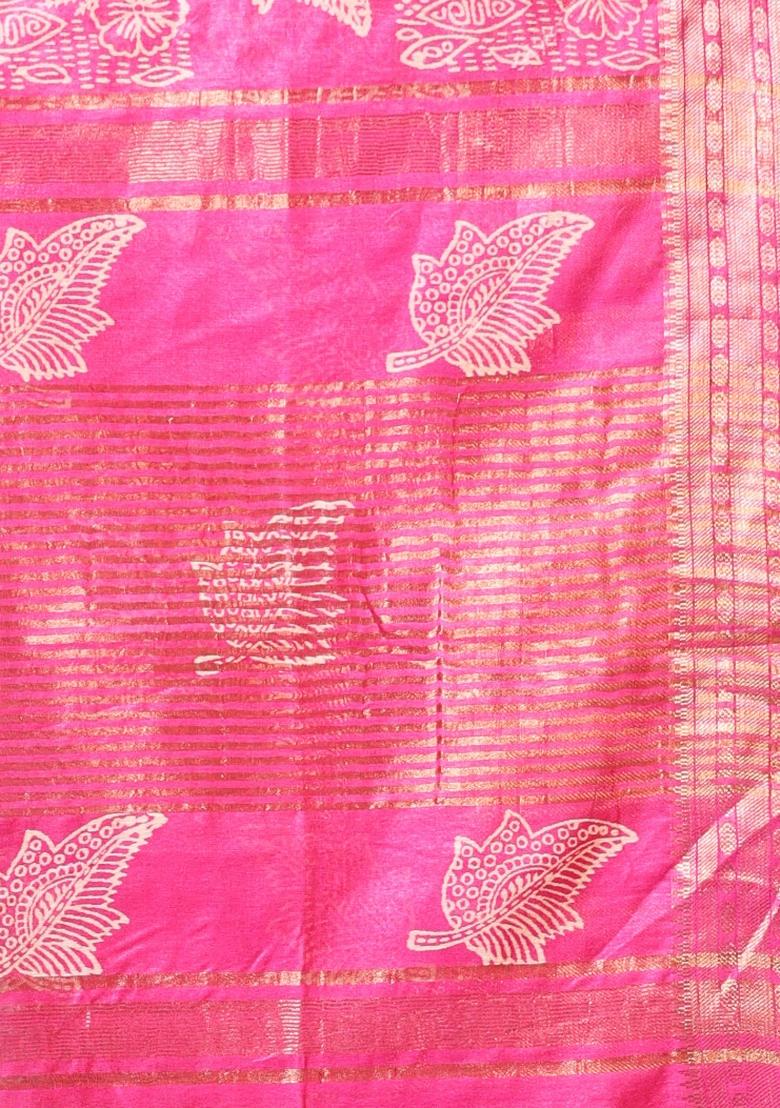 Fuchsia Pink Printed Silk Saree Set - Indya