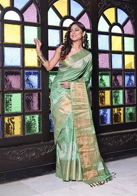 Green Printed Silk Saree Set