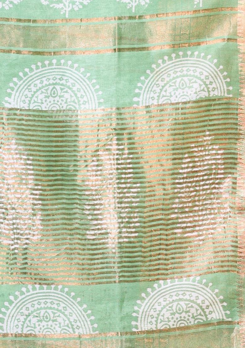 Green Printed Silk Saree Set