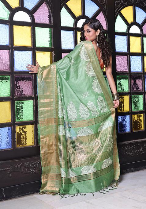 Green Printed Silk Saree Set