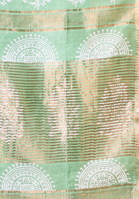 Green Printed Silk Saree Set