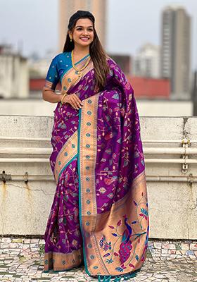 Purple Zari Work Silk Saree Set
