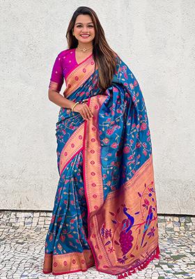 Blue Zari Work Silk Saree Set