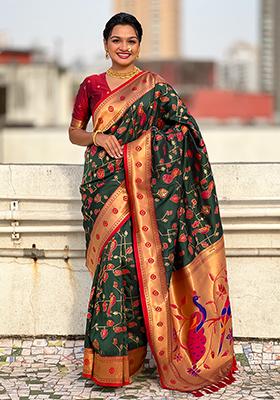 Dark Green Zari Work Silk Saree Set