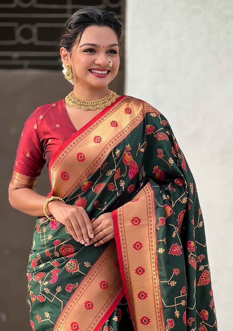 Dark Green Zari Work Silk Saree Set - Indya