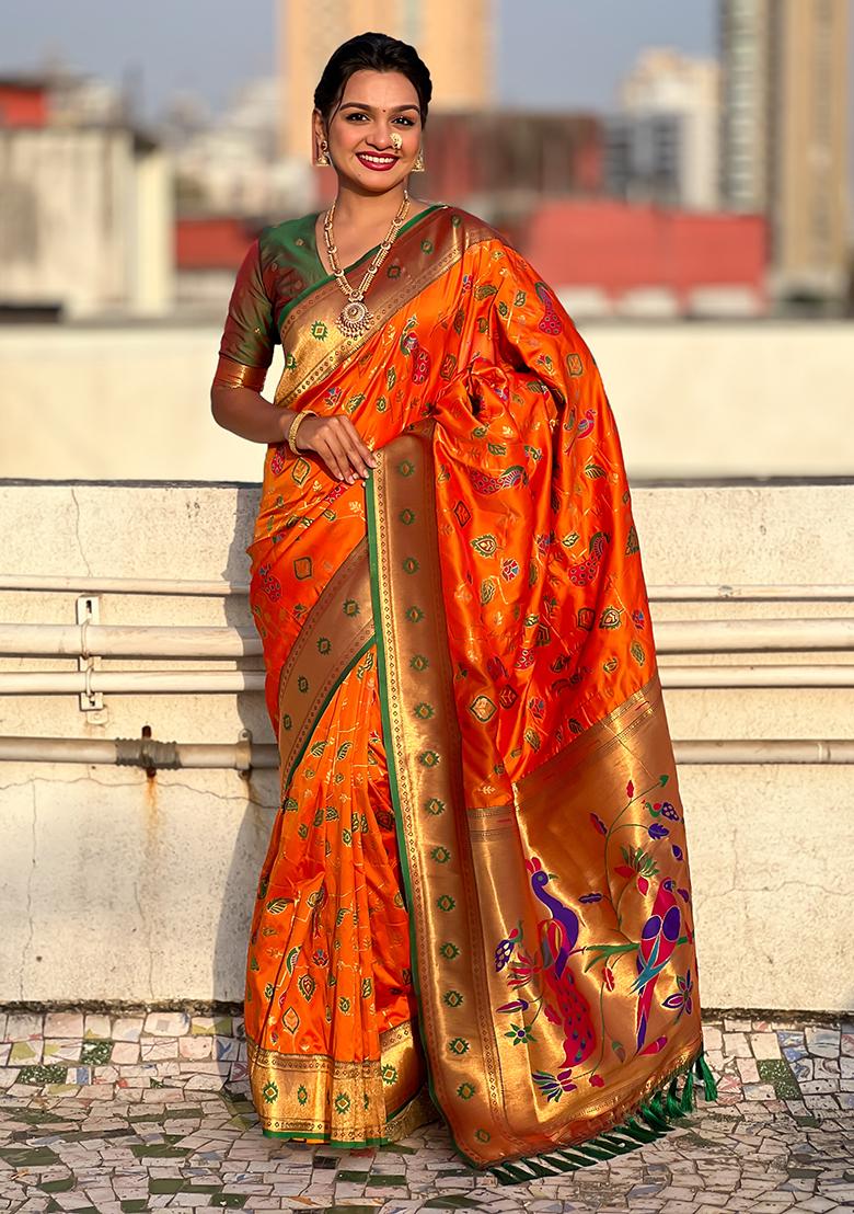 Orange Zari Work Silk Saree Set