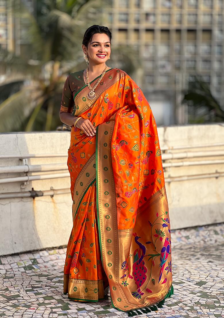 Orange Zari Work Silk Saree Set