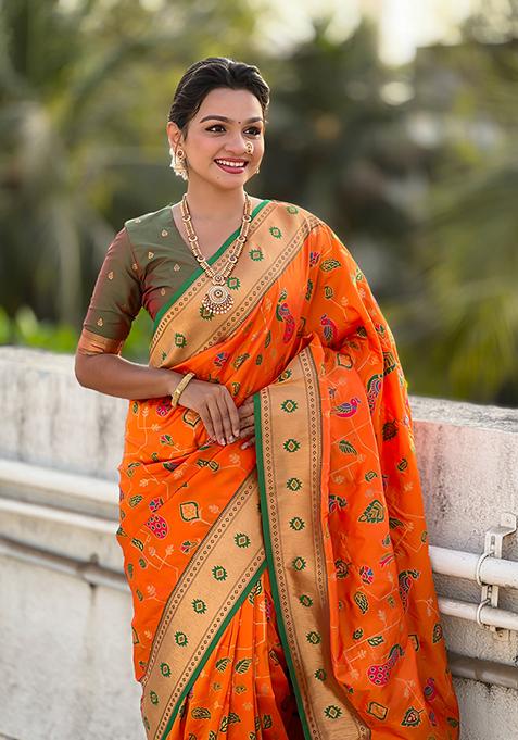 Orange Zari Work Silk Saree Set