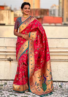 Pink Zari Work Silk Saree Set