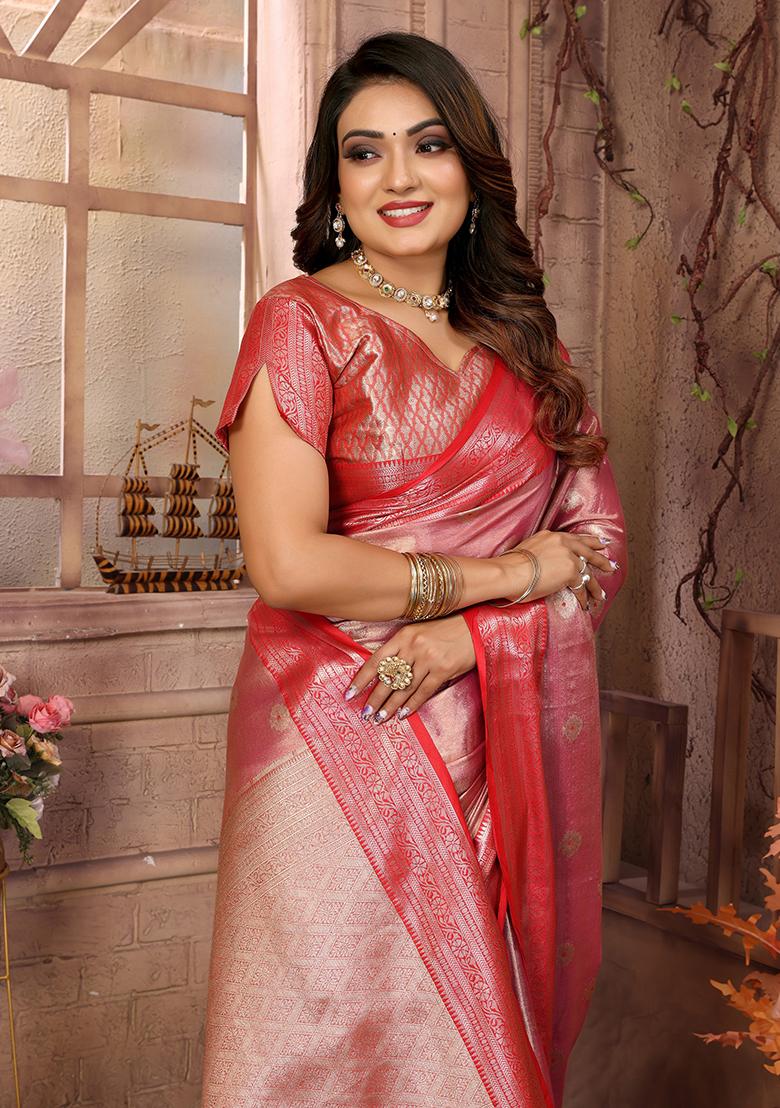 Pink Zari Work Silk Saree Set