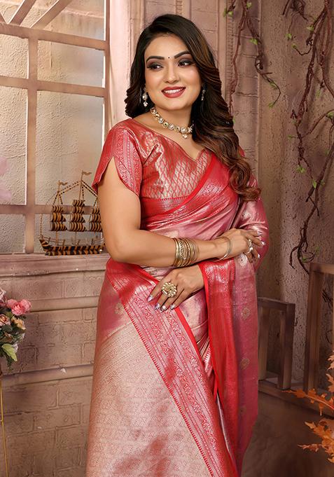 Pink Zari Work Silk Saree Set