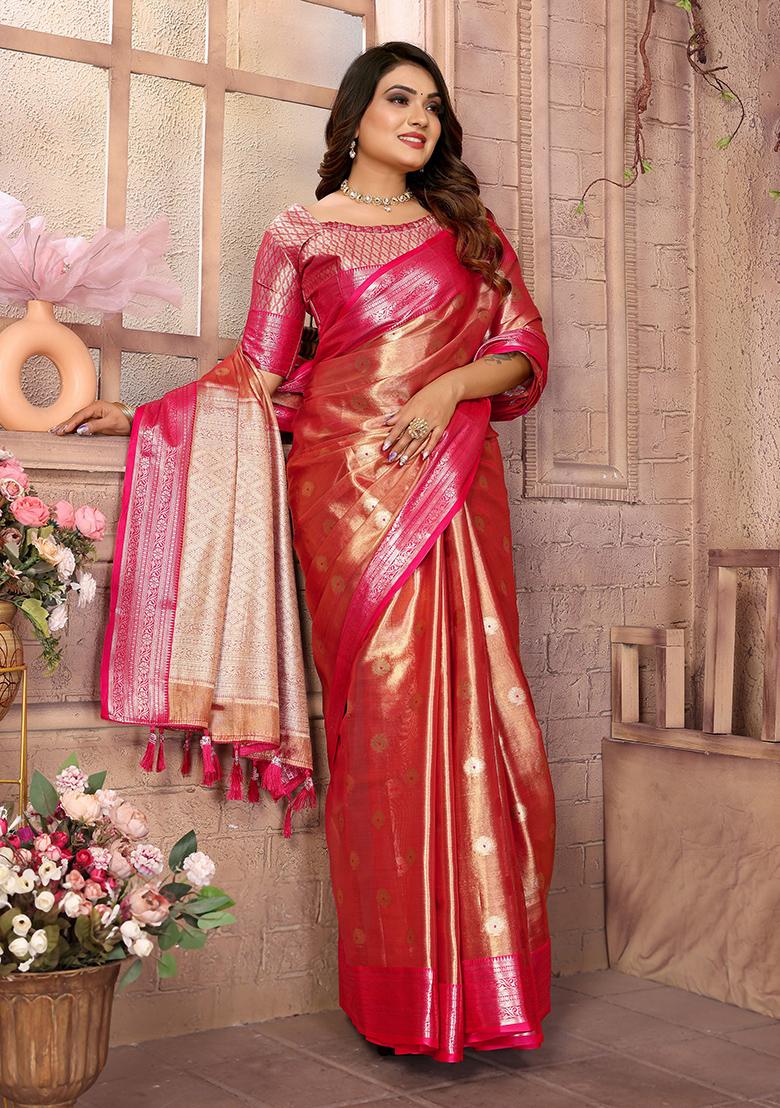 Orange Zari Work Silk Saree Set