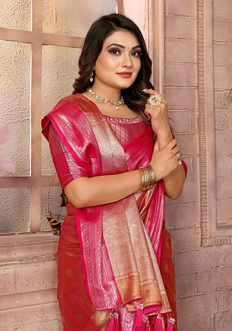 Orange Zari Work Silk Saree Set