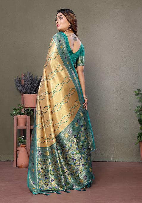 Beige Zari Work Silk Saree Set