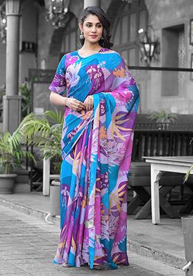 Multi Abstract Print Georgette Saree Set