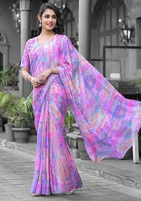 Purple Abstract Print Georgette Saree Set