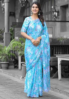 Sea Green Abstract Print Georgette Saree Set
