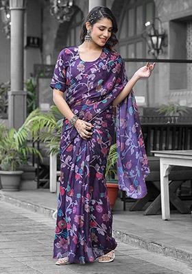 Violet Abstract Print Georgette Saree Set