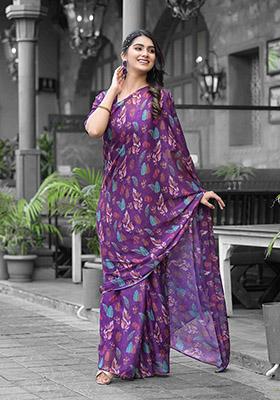 Purple Abstract Print Georgette Saree Set