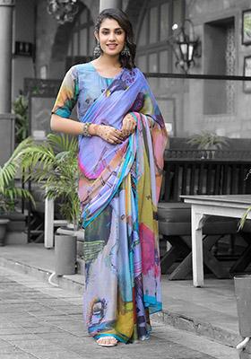 Multi Abstract Print Georgette Saree Set